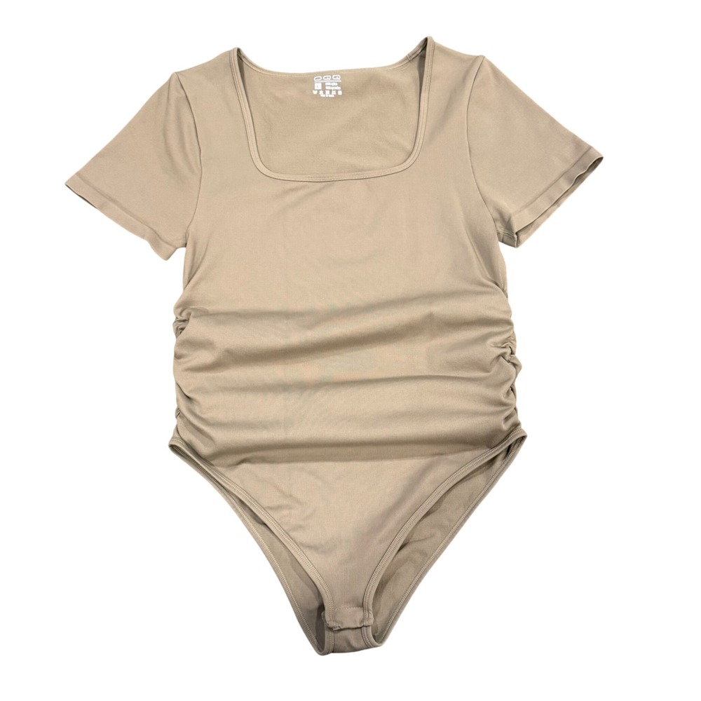 OQQ Womens Tan Ruched Short Sleeve Square Neck Bodysuit Size L Slim Fit Basic
